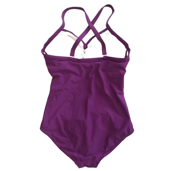 Cabana Beach Size M(12) purple one piece swimsuit. Ruching crisscross straps - Picture 2 of 10